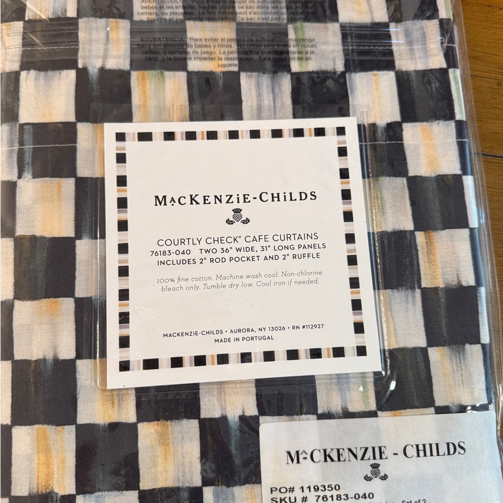 2 MacKenzie Childs Courtly Check Cafe Curtains- NEW never opened or used